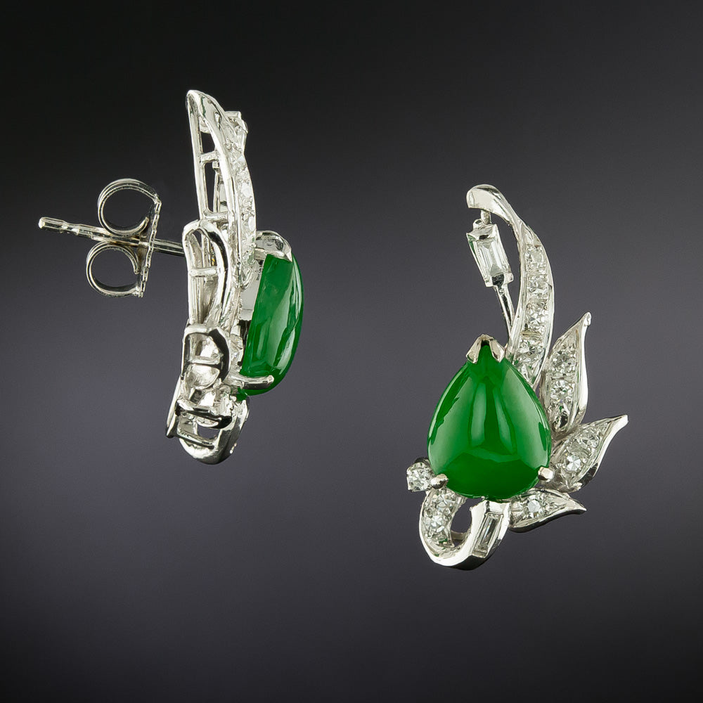 Mid-Century Natural Pear Shape Jade and Diamond Earrings - GIA  - 3