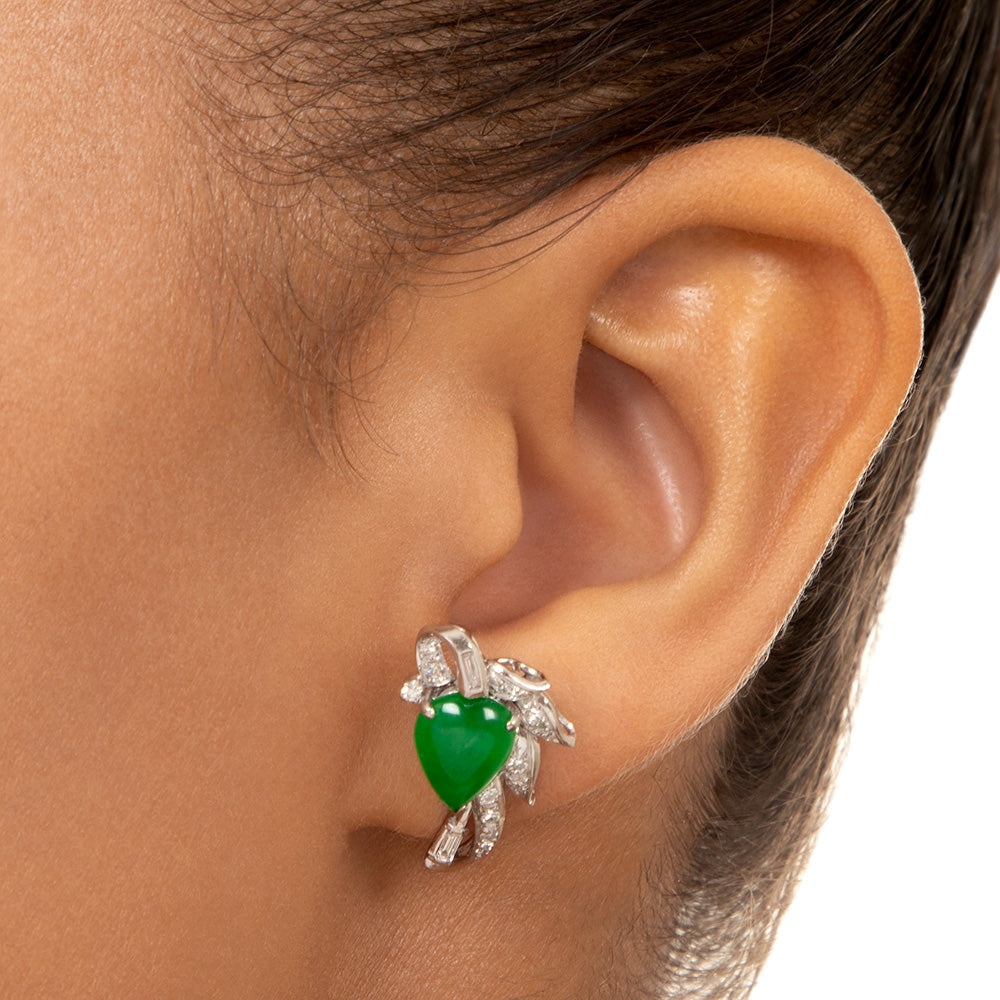 Mid-Century Natural Pear Shape Jade and Diamond Earrings - GIA  - 4