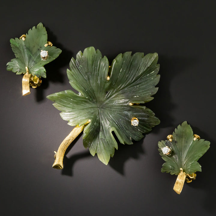 Mid-Century Nephrite Jade Leaf Earring and Brooch Set
