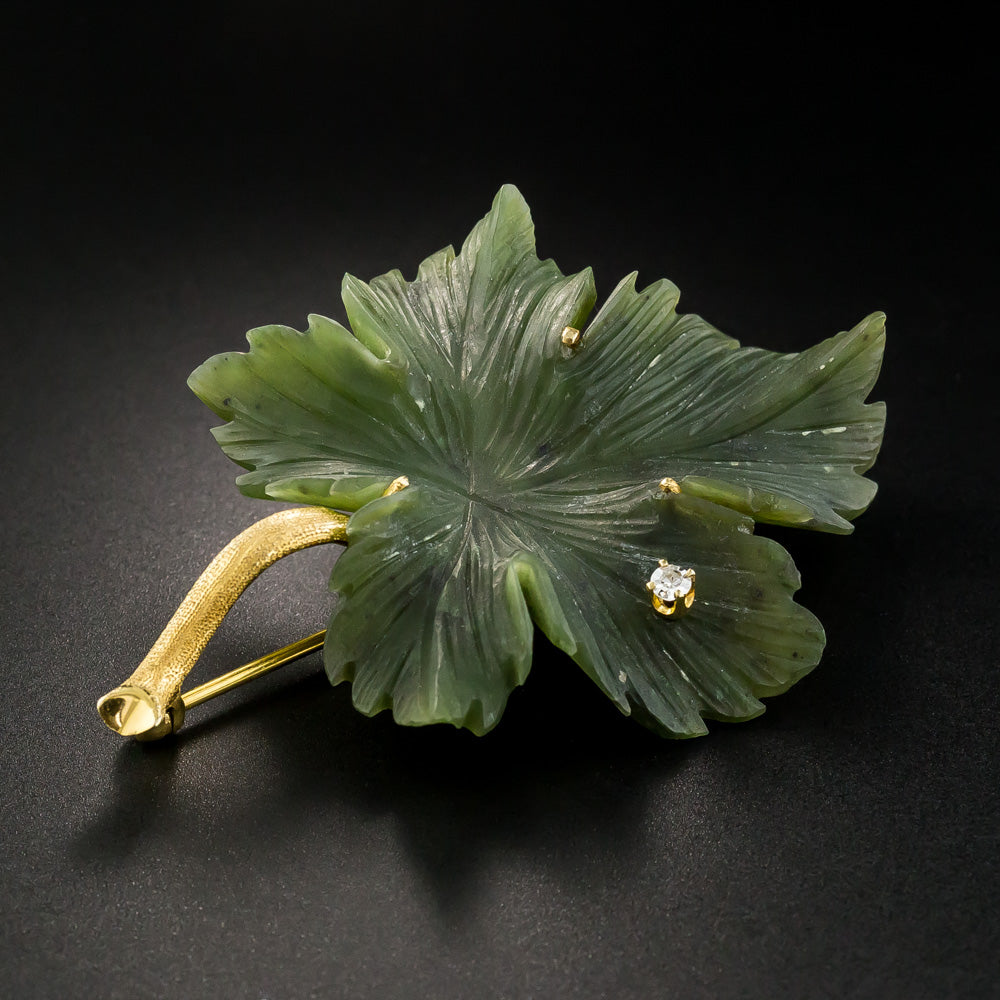 Mid-Century Nephrite Jade Leaf Earring and Brooch Set - 4