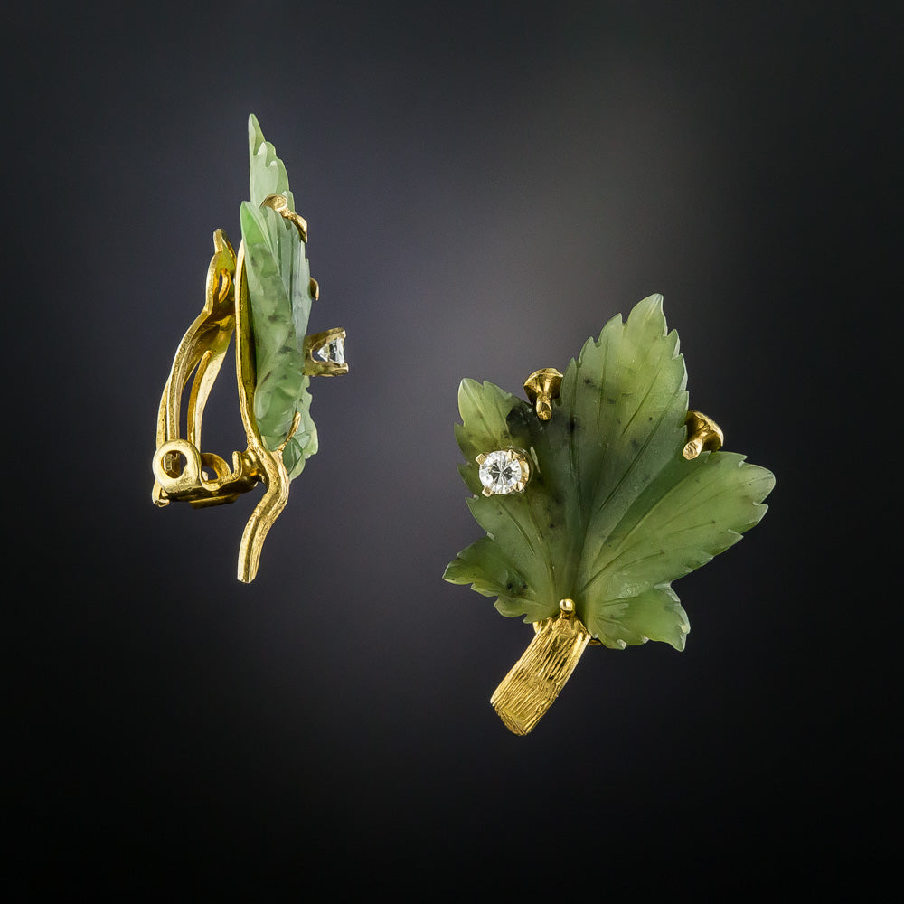 Mid-Century Nephrite Jade Leaf Earring and Brooch Set - 5