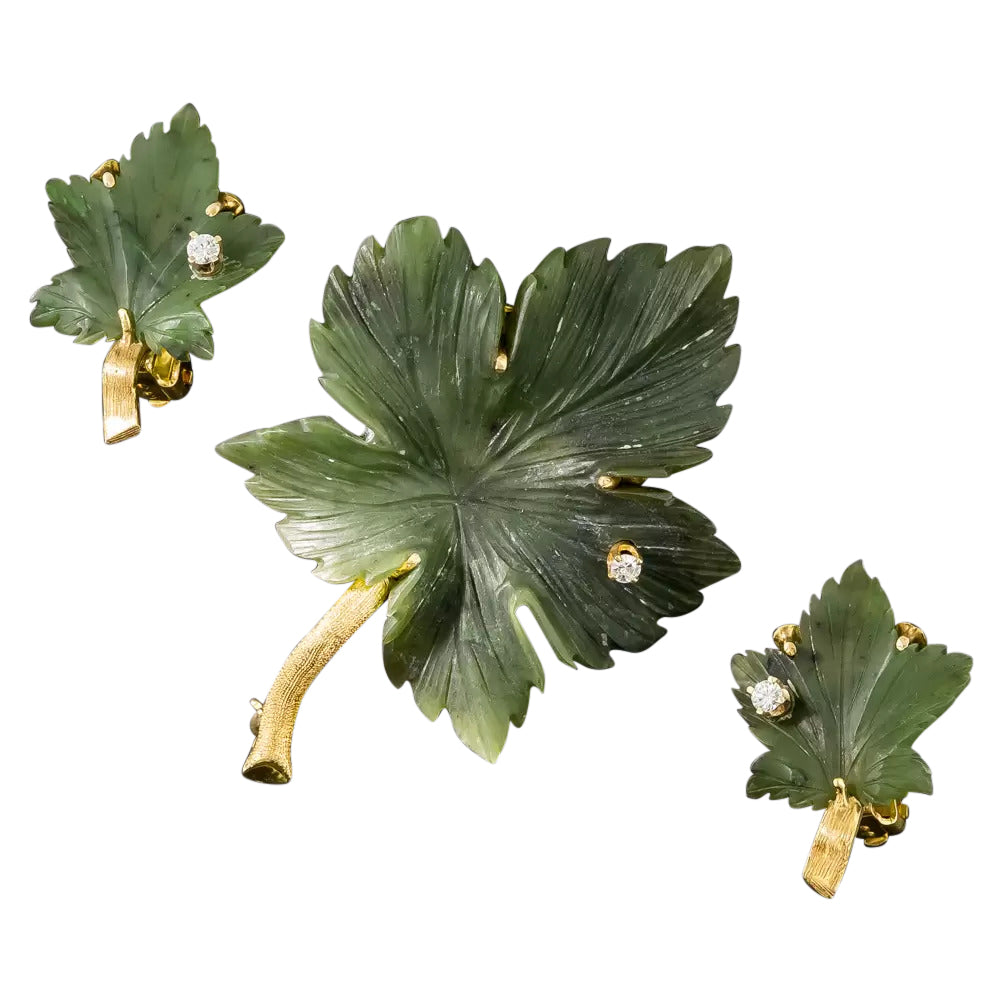 Mid-Century Nephrite Jade Leaf Earring and Brooch Set - 6