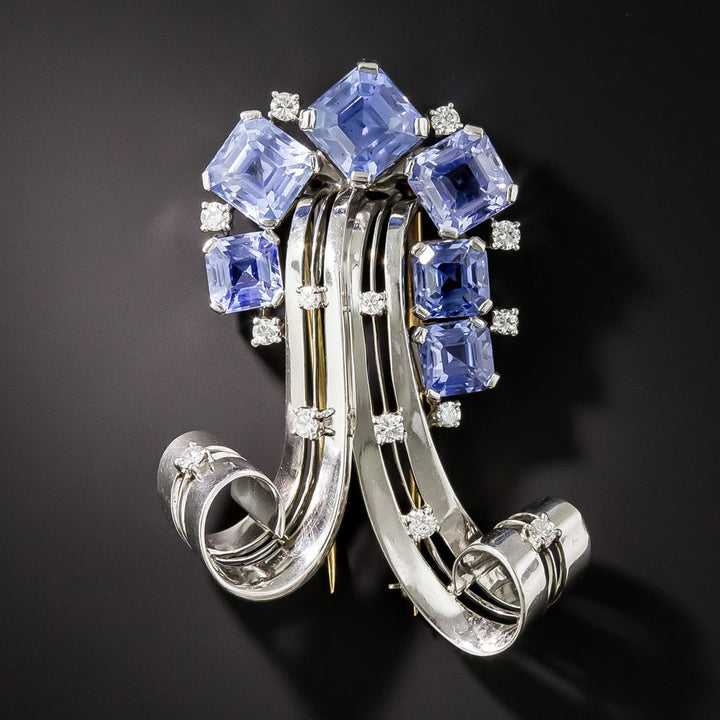 Mid-Century No-Heat Sapphire, Platinum and Diamond Brooch