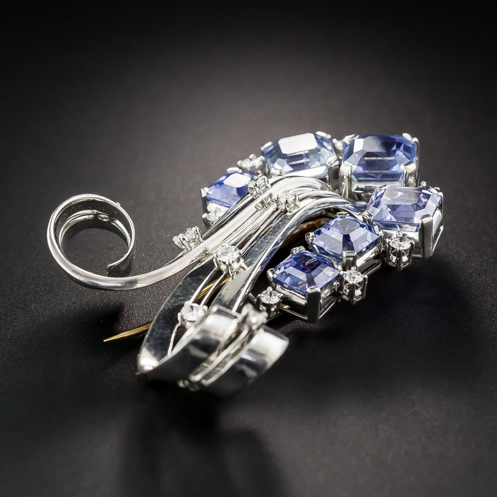 Mid-Century No-Heat Sapphire, Platinum and Diamond Brooch - 7