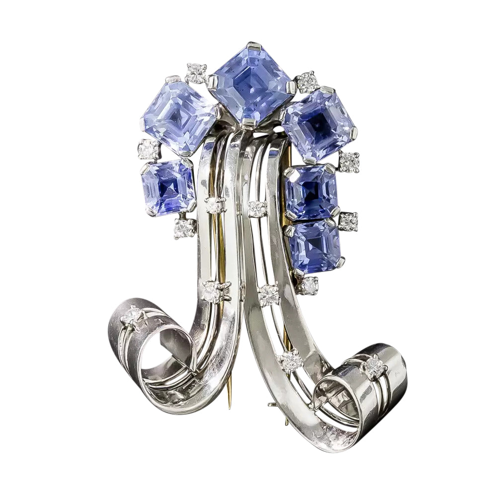 Mid-Century No-Heat Sapphire, Platinum and Diamond Brooch - 9
