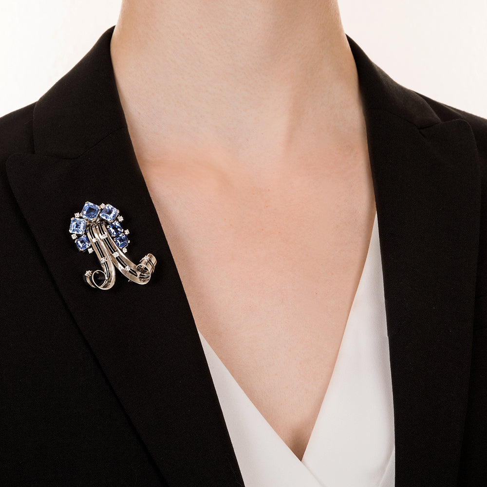 Mid-Century No-Heat Sapphire, Platinum and Diamond Brooch - 10