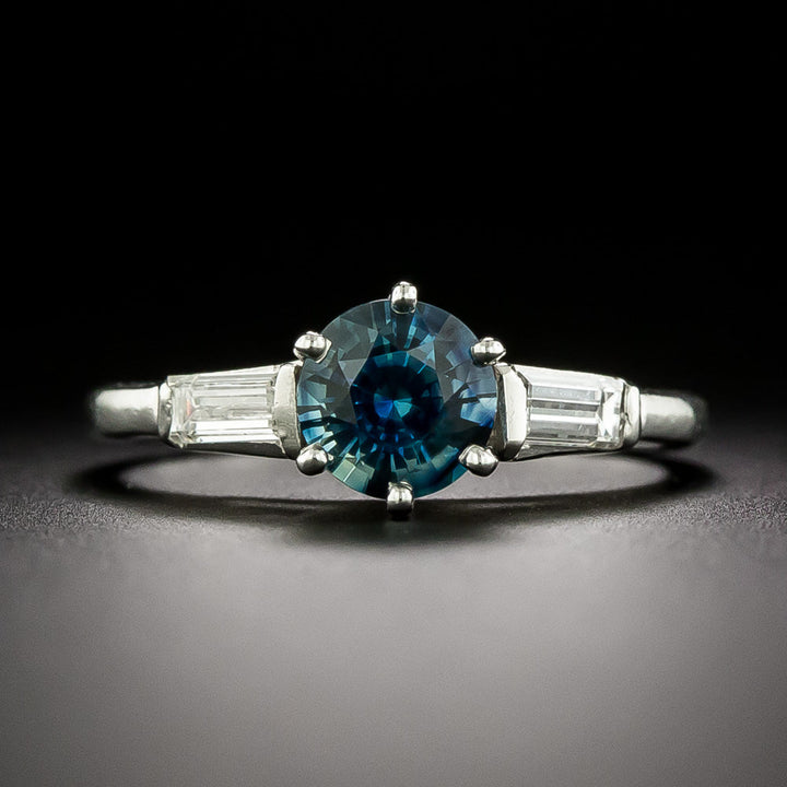 Mid-Century No-Heat Teal Sapphire and Diamond Ring - GIA
