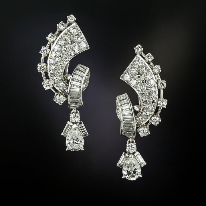 Mid-Century Pear-Shaped Diamond Dangle Earrings