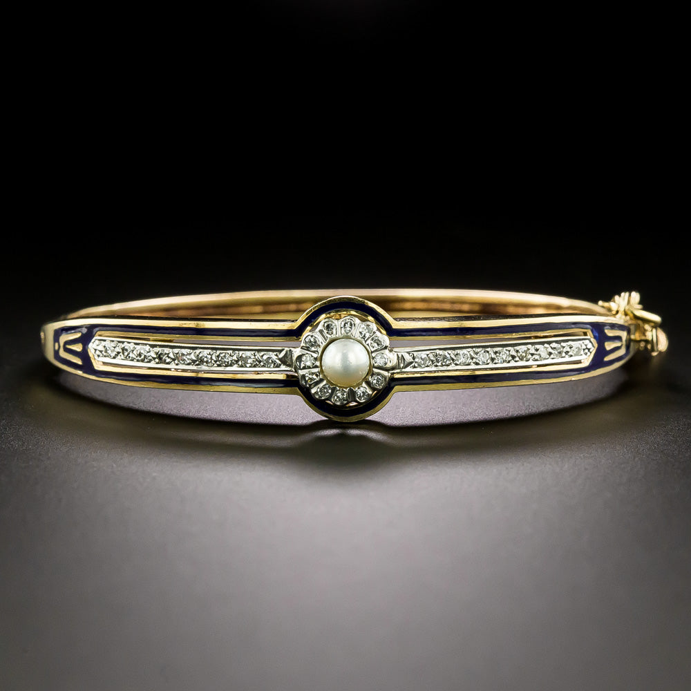 Mid-Century Pearl and Diamond  Enameled Bangle Bracelet - 2