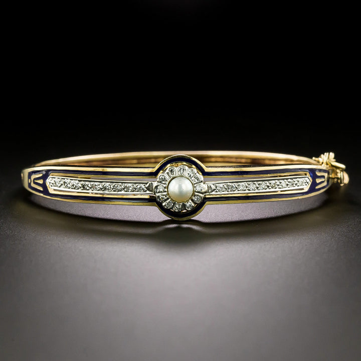 Mid-Century Pearl and Diamond  Enameled Bangle Bracelet