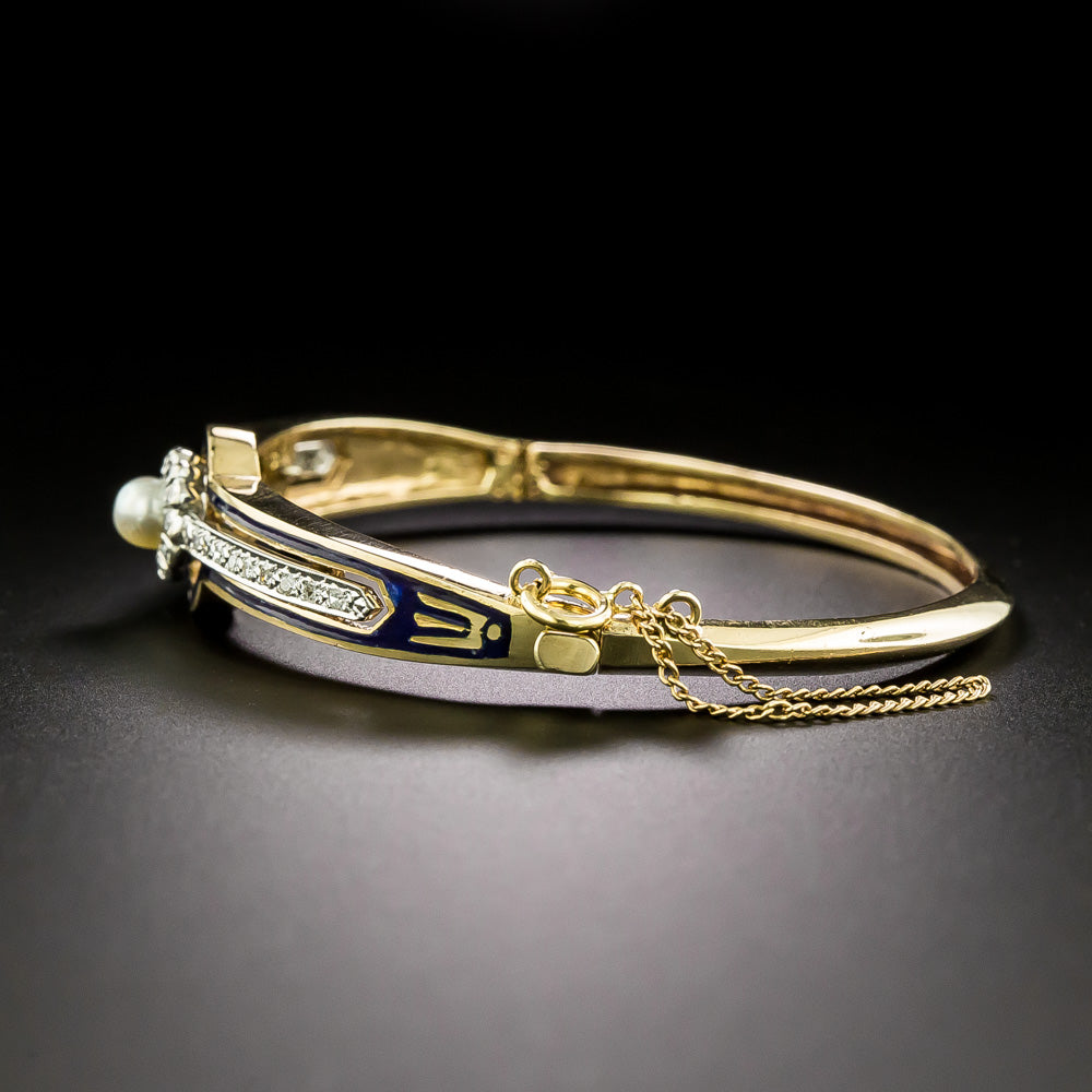 Mid-Century Pearl and Diamond  Enameled Bangle Bracelet - 3