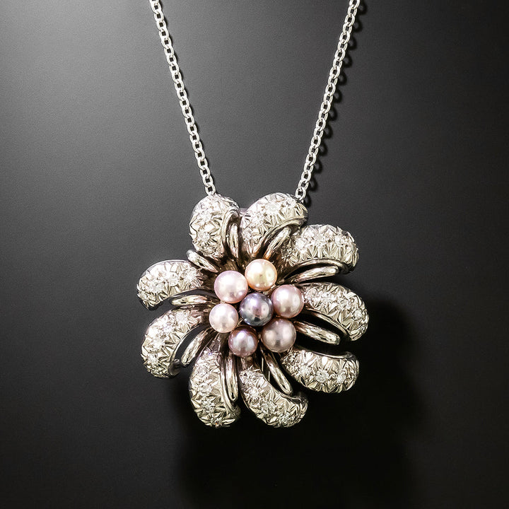 Mid-Century Pearl and Diamond Flower Pendant/Brooch