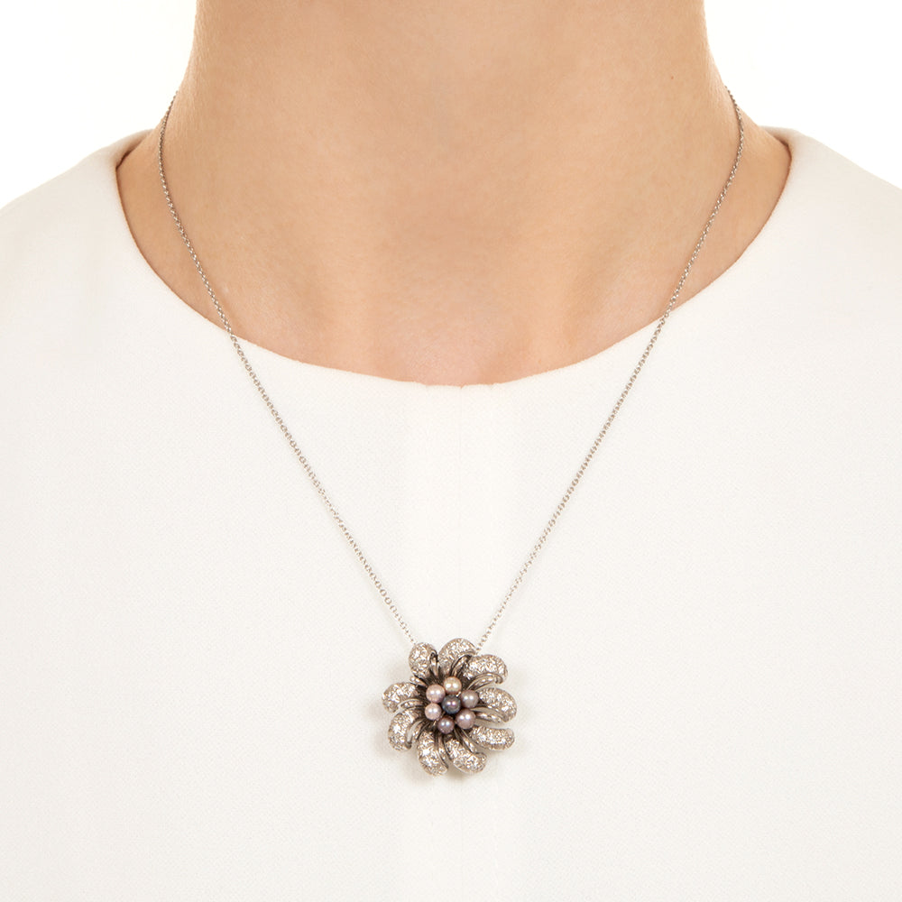 Mid-Century Pearl and Diamond Flower Pendant/Brooch - 4