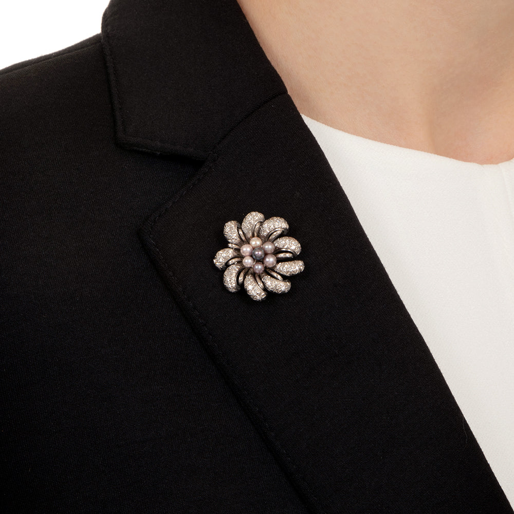 Mid-Century Pearl and Diamond Flower Pendant/Brooch - 5