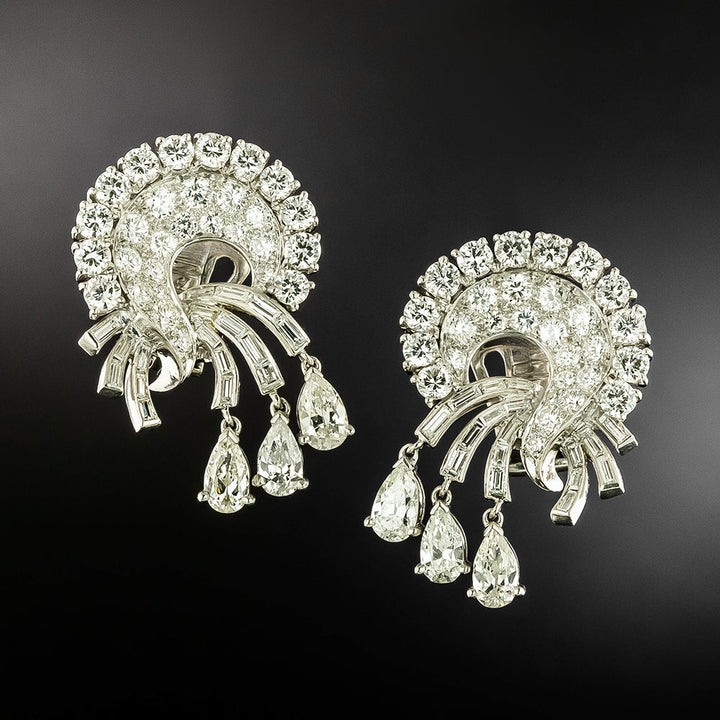 Mid-Century Platinum Diamond Cascade Earrings