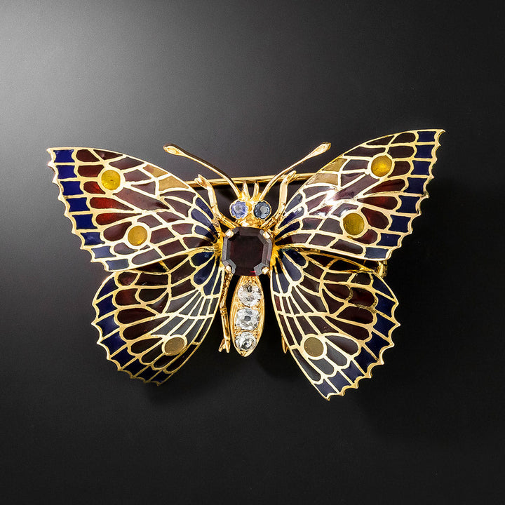 Mid-Century Plique-a-Jour Butterfly Brooch