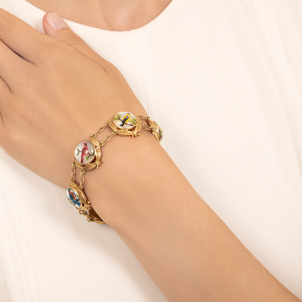 Mid-Century Reverse Crystal Intaglio Bird Link Bracelet - 3