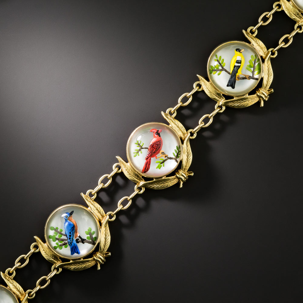 Mid-Century Reverse Crystal Intaglio Bird Link Bracelet - 2
