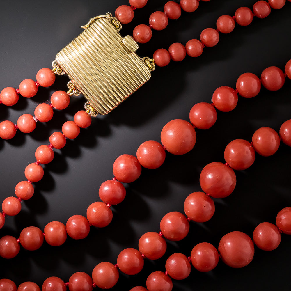 Mid-Century Triple-Strand Coral Necklace with Ribbed Cushion Clasp - 3