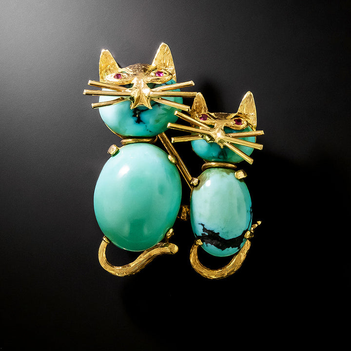 Mid-Century Turquoise Kitty Cats Brooch