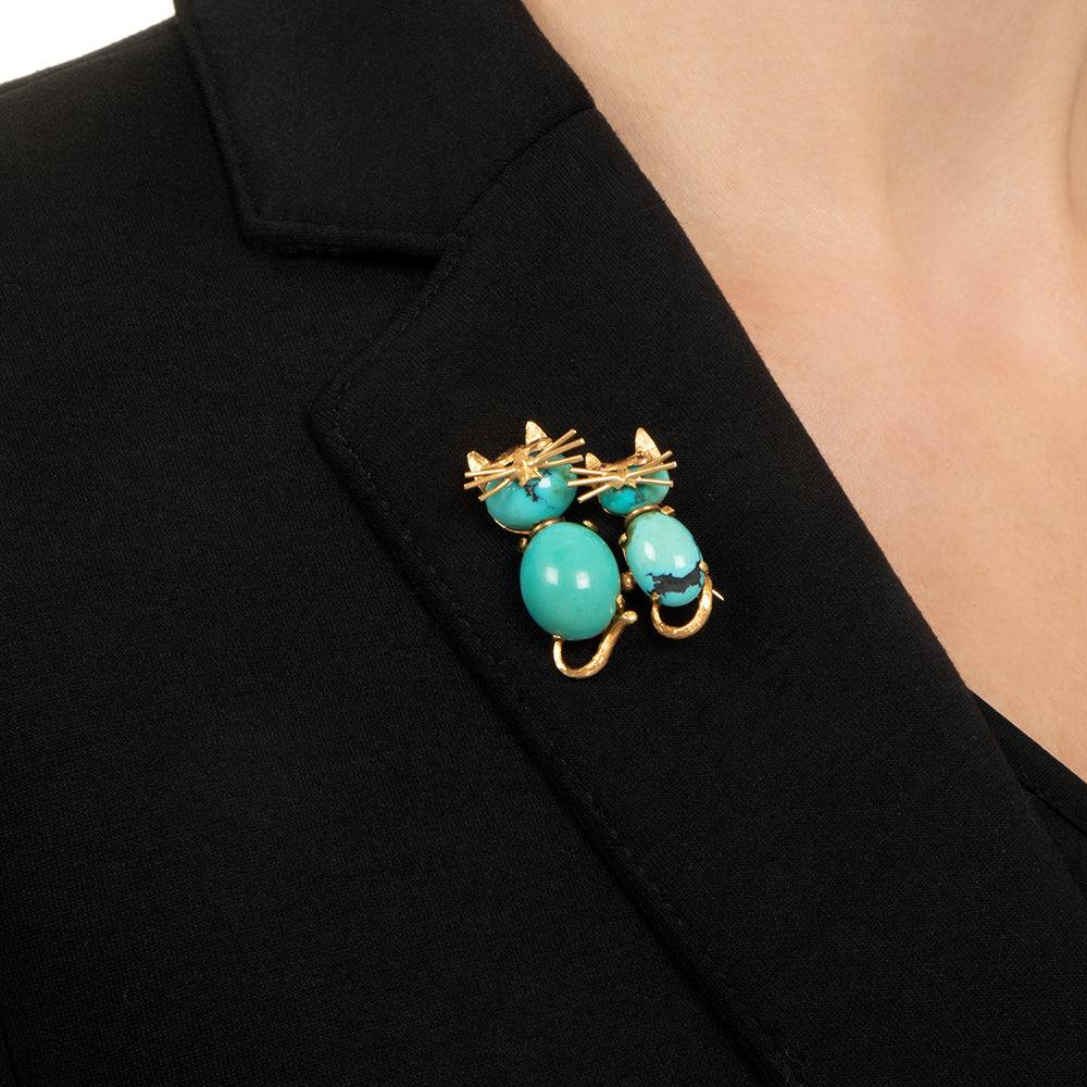 Mid-Century Turquoise Kitty Cats Brooch - 4
