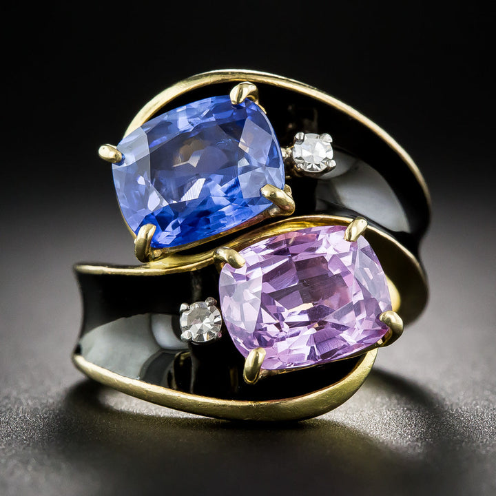 Mid-Century Twin Pink and Blue Sapphire Enamel Bypass Ring, Size 4 1/2 - GIA No/Low Heat