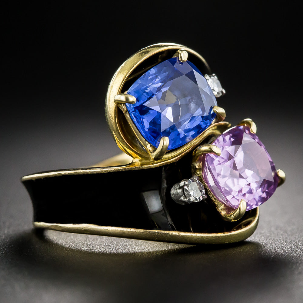 Mid-Century Twin Pink and Blue Sapphire Enamel Bypass Ring, Size 4 1/2 - GIA No/Low Heat - 2