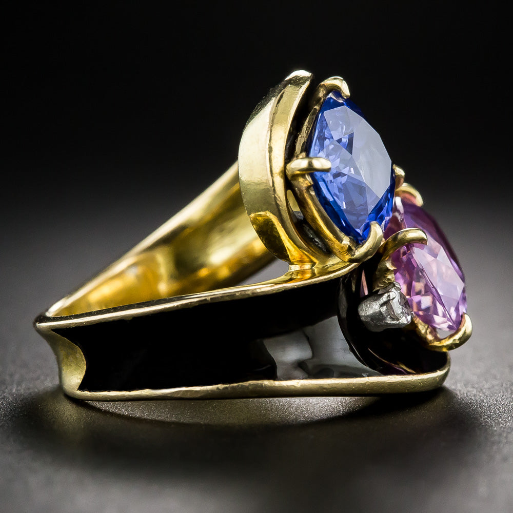Mid-Century Twin Pink and Blue Sapphire Enamel Bypass Ring, Size 4 1/2 - GIA No/Low Heat - 3