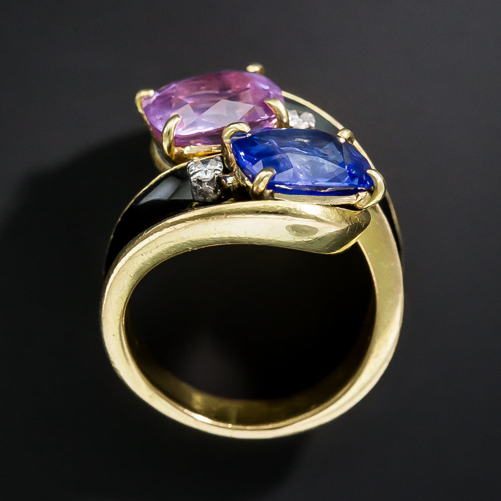 Mid-Century Twin Pink and Blue Sapphire Enamel Bypass Ring, Size 4 1/2 - GIA No/Low Heat - 4
