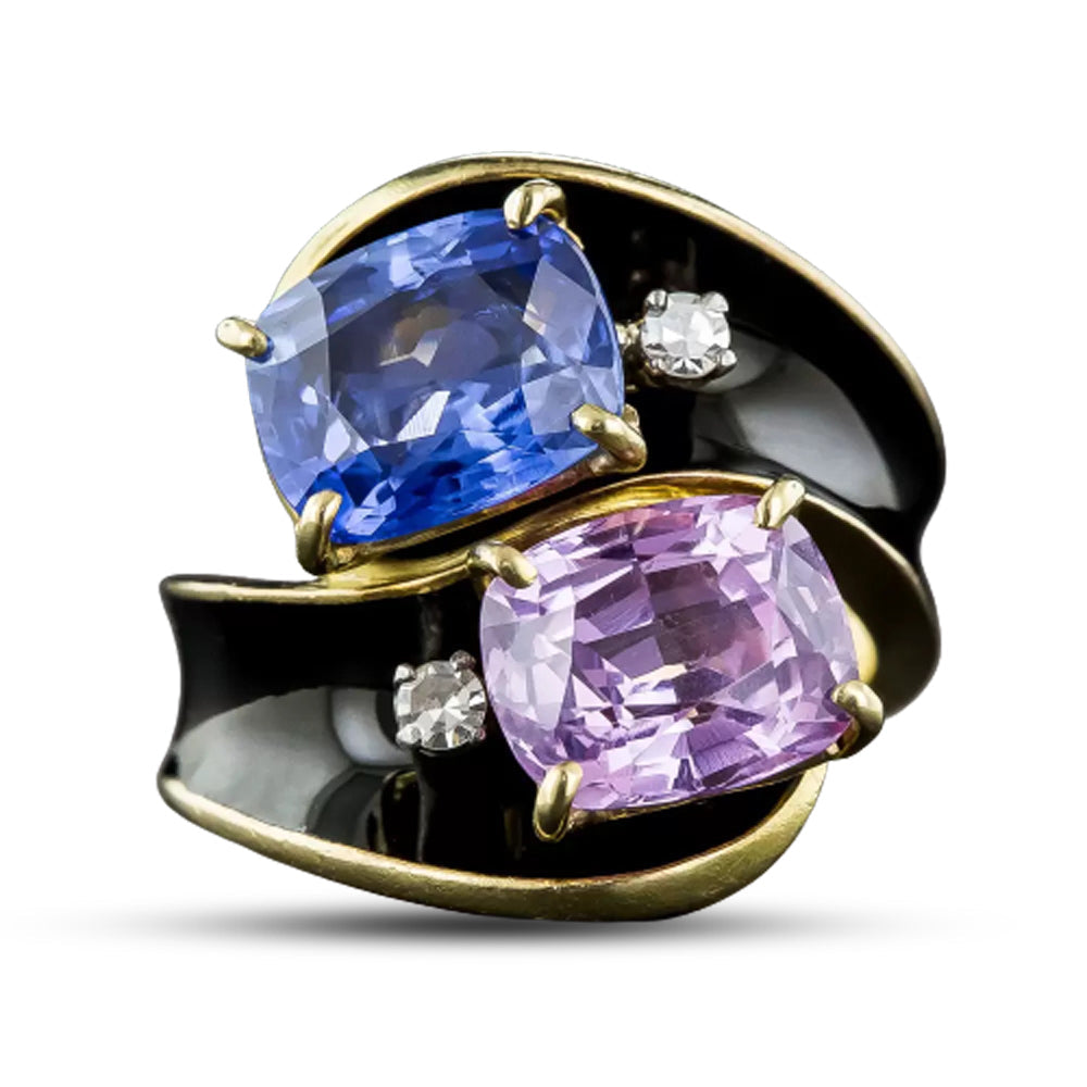 Mid-Century Twin Pink and Blue Sapphire Enamel Bypass Ring, Size 4 1/2 - GIA No/Low Heat - 6