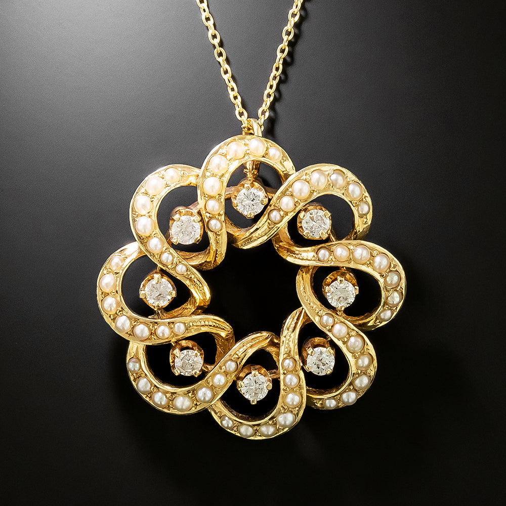 Victorian Retrospective Diamond and Pearl Scroll Pendant - 3
