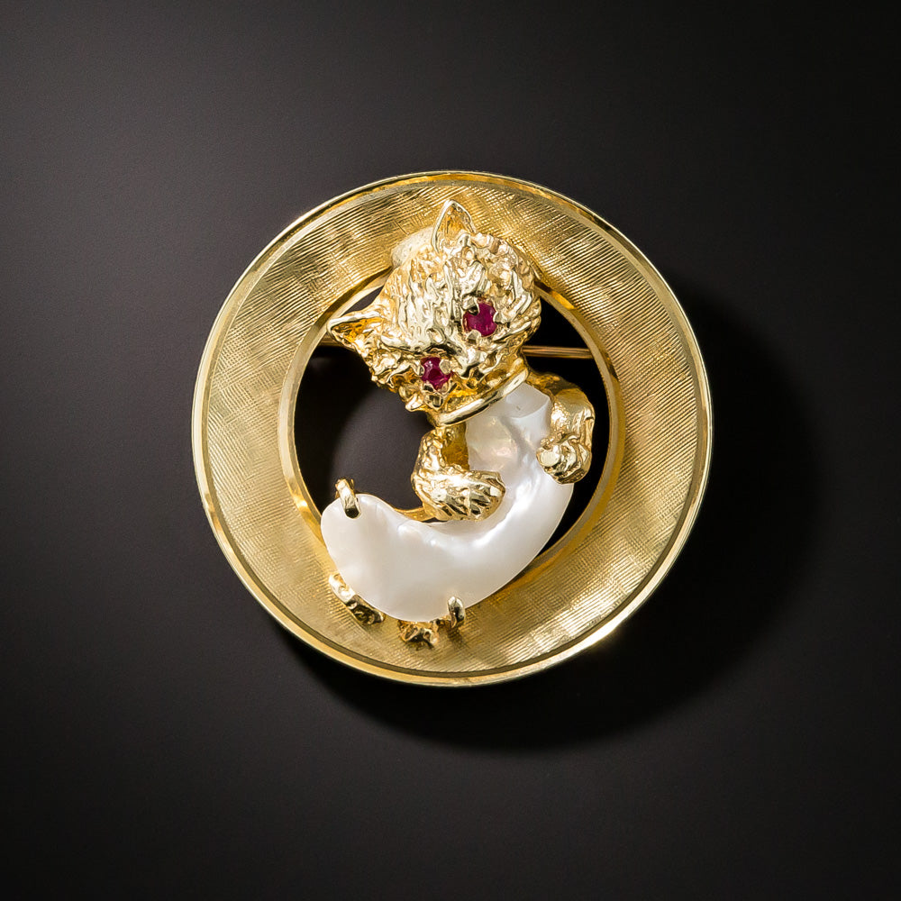 Mid-Century Whimsical Baroque Pearl Cat Pin - 1