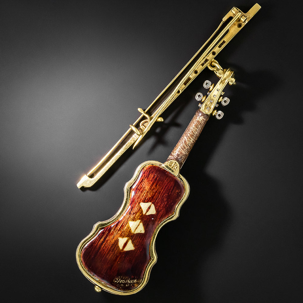 Miniature Stradivarius Violin Brooch with Diamonds - 3
