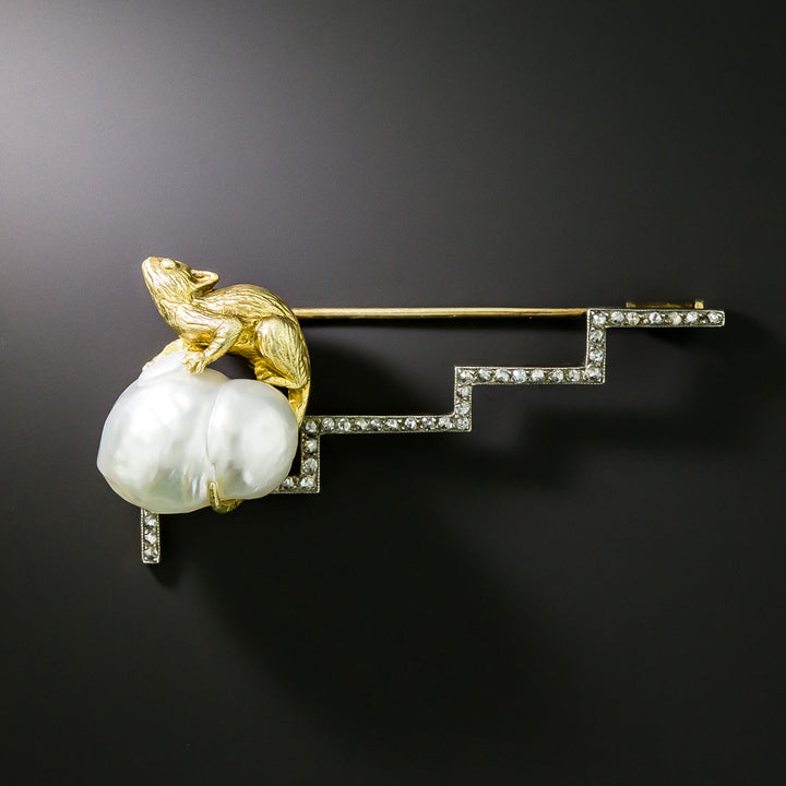Mouse on a Pearl and Diamond Brooch - GIA