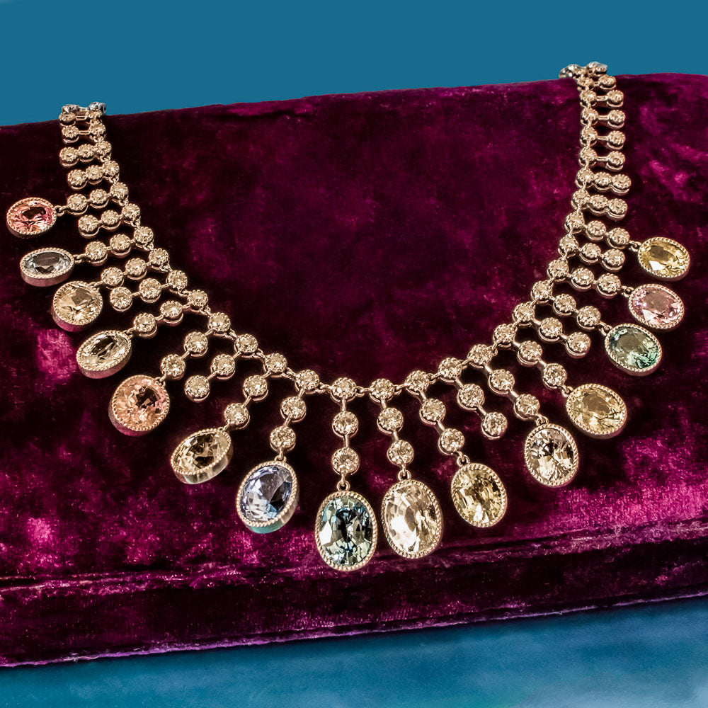 Multi-Color No-Heat Sapphire and Diamond Fringe Necklace - 9