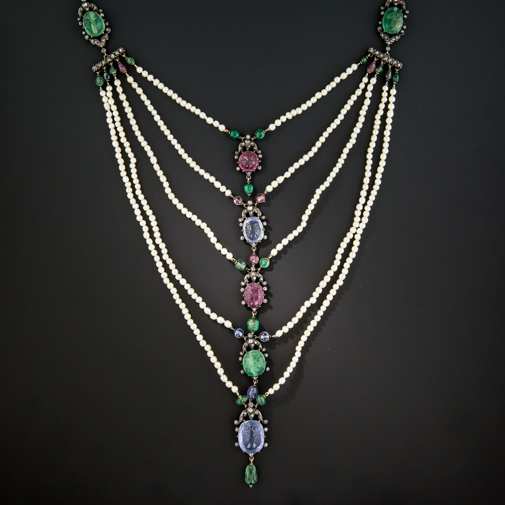 Multi-Gemstone Egyptian Revival Scarab Necklace, c.1906 - GIA - 1