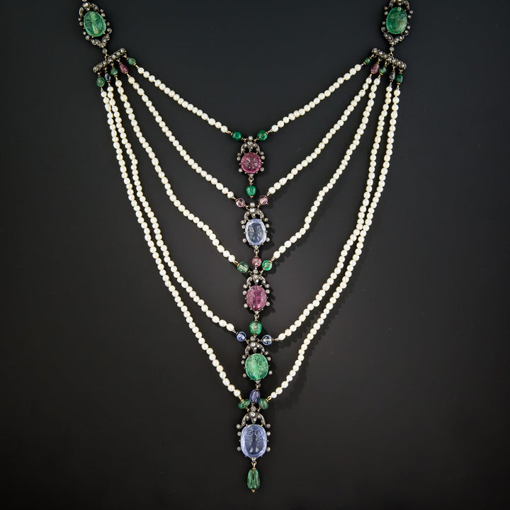 Multi-Gemstone Egyptian Revival Scarab Necklace, c.1906 - GIA