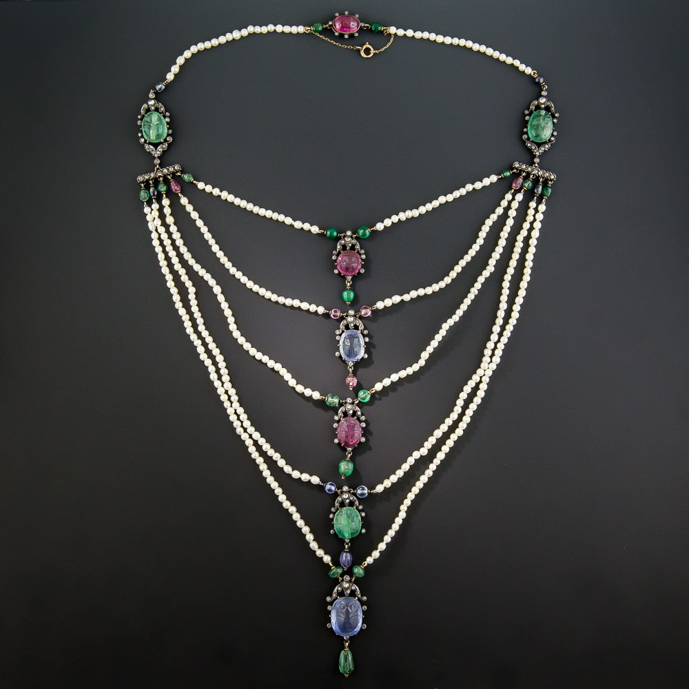 Multi-Gemstone Egyptian Revival Scarab Necklace, c.1906 - GIA - 2