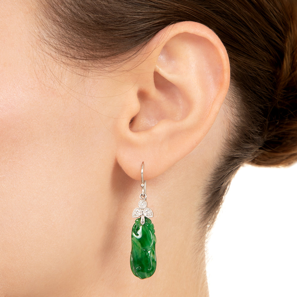 Natural Burmese Jade and Diamond Dangle Earrings by Jyes - 3