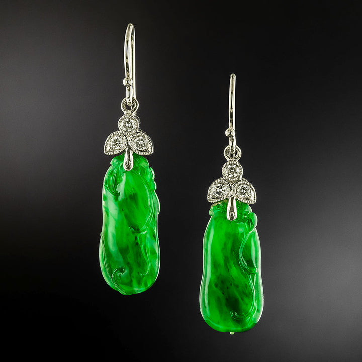 Natural Burmese Jade and Diamond Dangle Earrings by Jyes
