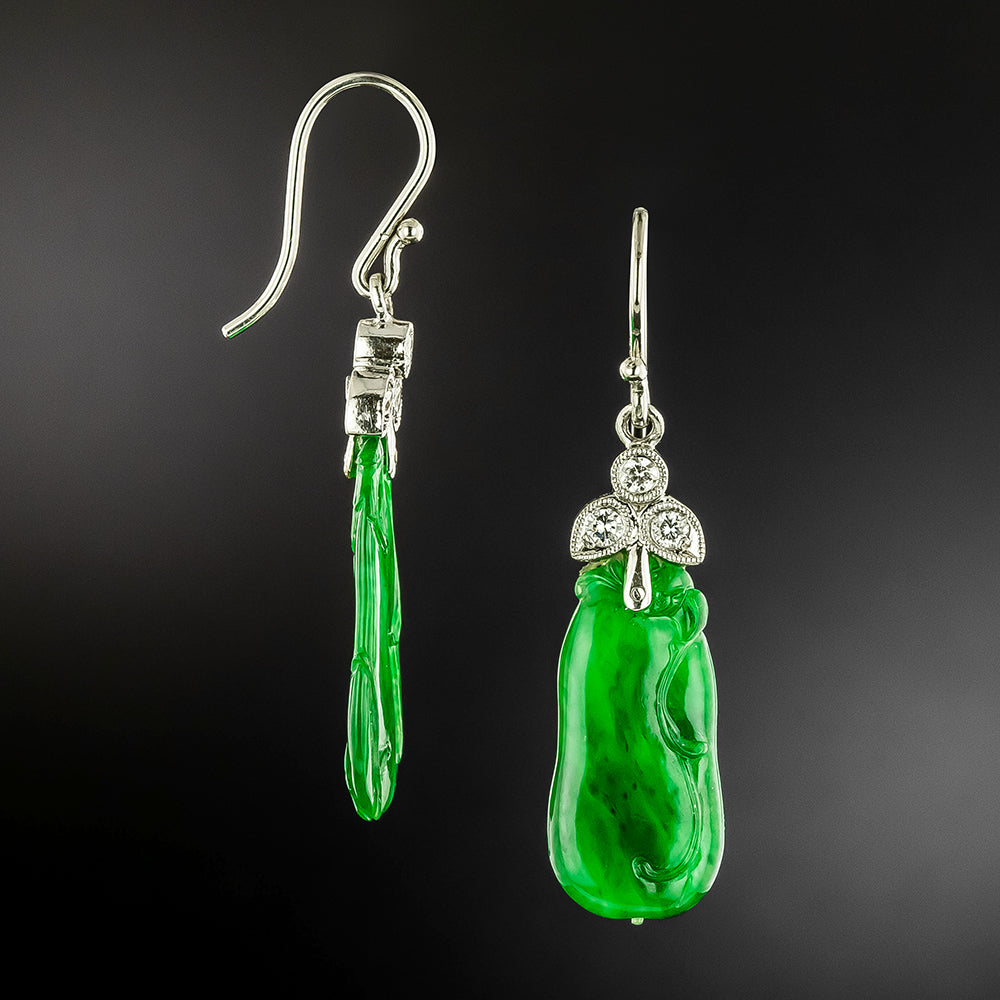 Natural Burmese Jade and Diamond Dangle Earrings by Jyes - 3