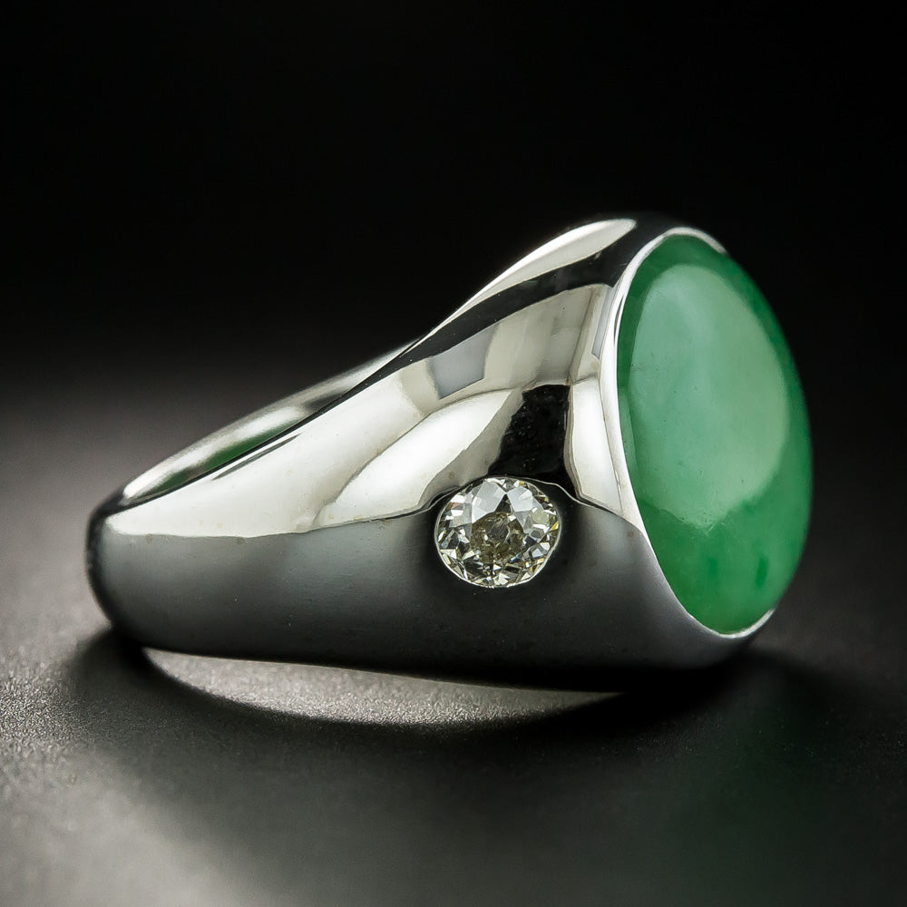 Natural Burmese Jade and Diamond Ring - 4