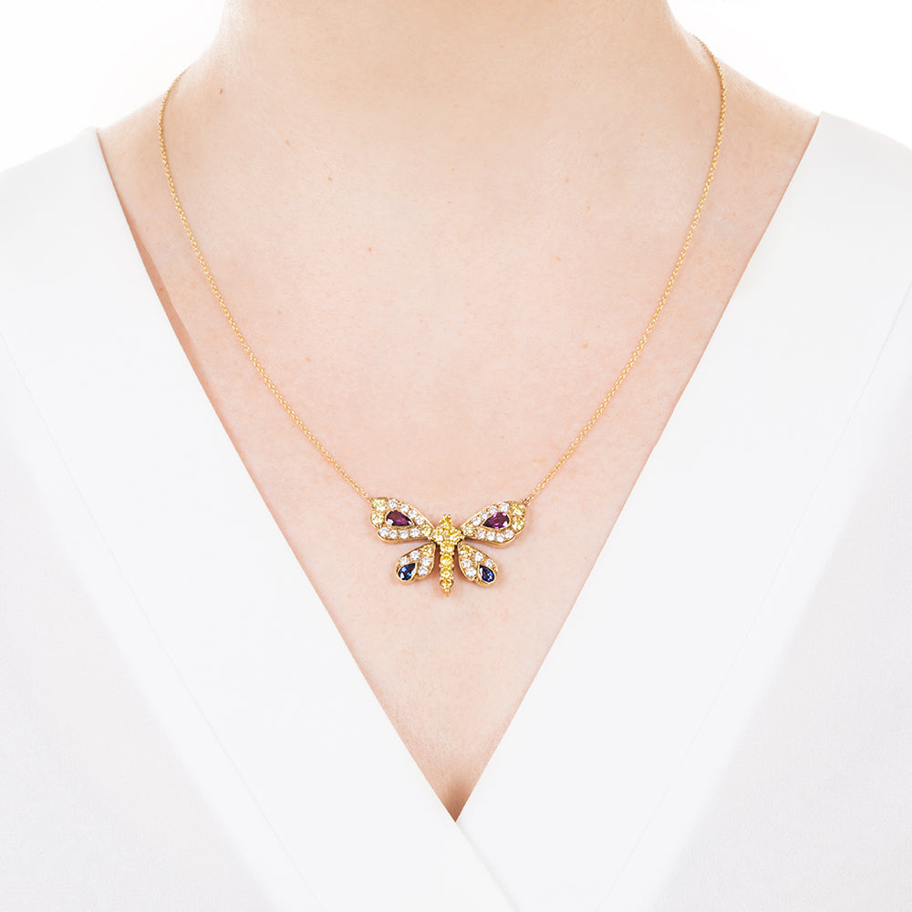 Natural Fancy Yellow Diamond, Ruby and Sapphire Butterfly Necklace - 5