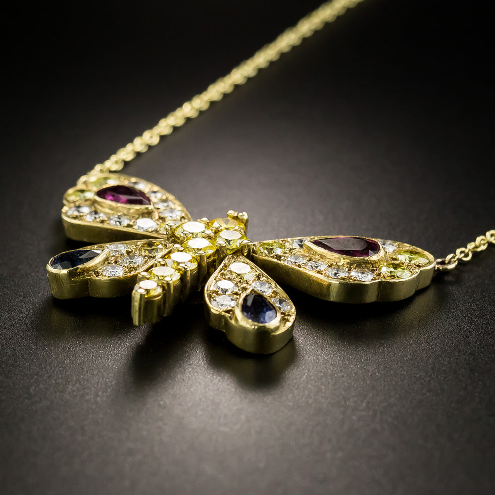 Natural Fancy Yellow Diamond, Ruby and Sapphire Butterfly Necklace - 4