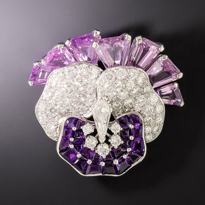 No-Heat Pink Sapphire, Amethyst and Diamond Pansy Brooch - AGL