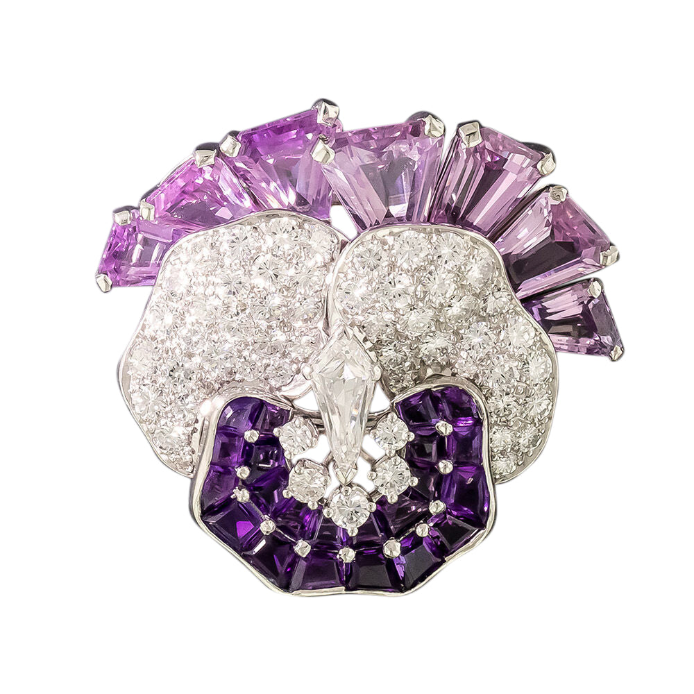No-Heat Pink Sapphire, Amethyst and Diamond Pansy Brooch - AGL - 4