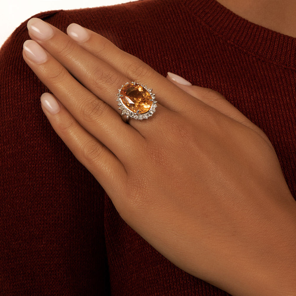 Orange Hessonite Garnet and Diamond Halo Ring - 6