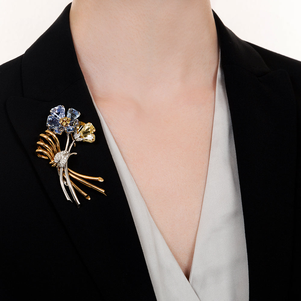 Large Mid-Century Oscar Heyman Sapphire Diamond Flower Brooch - 8
