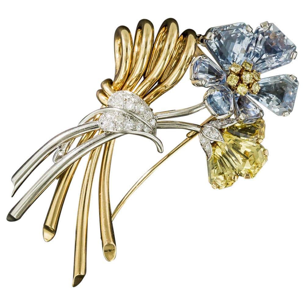  Oscar Heyman 67.00 Carats No-Heat Sapphire Diamond Flower Brooch - 10
