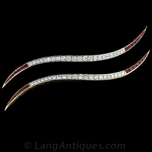 Pair of Mid-Century Diamond and Ruby Wave Brooches